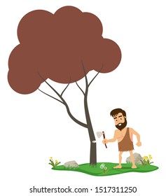 Prehistoric man cuts a tree with a stone ax. Vector illustration, flat design style. Isolated on a white background.