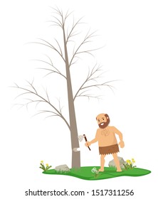 Prehistoric man cuts a tree with a stone ax. Vector illustration, flat design style. Isolated on a white background.