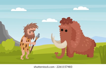 Prehistoric man dressed in animal skin fighting with mammoth. Cavemen primitive prehistoric character cartoon vector