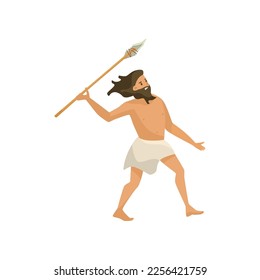 Prehistoric man with spear vector illustration. Ancient man hunting on white background. History, stone age, prehistory concept