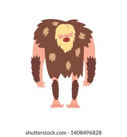 Prehistoric Muscular Bearded Man, Primitive Stone Age Caveman in Animal Pelt Cartoon Character Vector Illustration