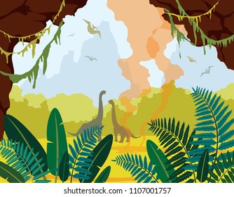 Prehistoric nature. Cartoon landscape with green plants, cave, silhouette of dinosaurs and active geyser. Vector illustration with extinct animals. 