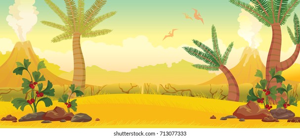 Prehistoric nature - extinct green plants, yellow grass, smoking volcanoes and silhouette of pterodactyls. Vector illustration.