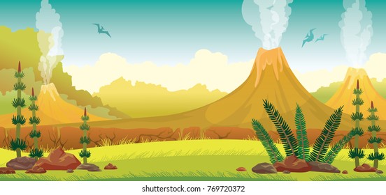 Prehistoric nature - extinct green plants, yellow grass, active smoking volcanoes and silhouette of pterodactyls on a blue sky. Vector illustration.