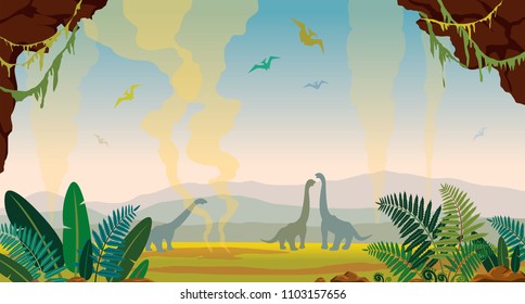 Prehistoric nature landscape with silhouette of dinosaurs, green fern, cave and geysers on a sunset sky. Vector illustration with extinct animals.