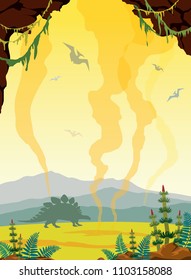 Prehistoric nature landscape - silhouette of dinosaurs, green plants, cave and geysers on a yellow sky. Vector illustration with extinct animals.