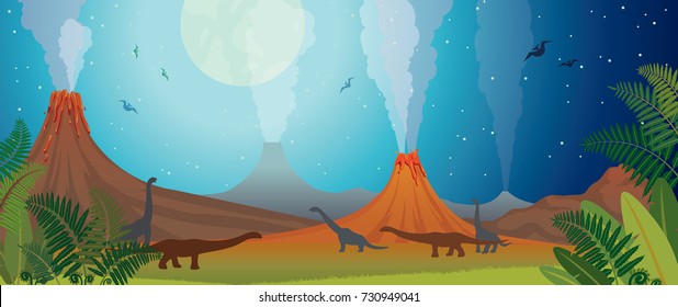 Prehistoric nature panorama. Active volcanoes, green fern and silhouette of dinosaurs on a night starry sky with full moon. Vector illustration.