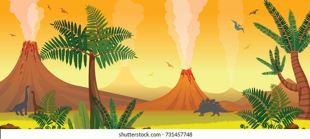 Prehistoric nature panorama. Active volcanoes, green fern and trees, silhouette of dinosaurs on a yellow sky. Vector illustration with extinct animals. 