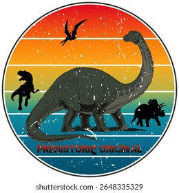 Pré-histórico Original, dinossauros vintage em um fundo do pôr do sol