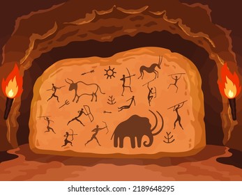 Prehistoric painting  Primitive drawing stone wall cave  ancient symbols hunters  animals   ornamental elements  Vector carvings rock illustation primitive stone art