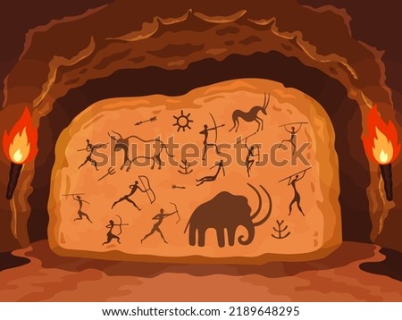 Prehistoric painting. Primitive drawing on stone wall of cave, ancient symbols of hunters, animals and ornamental elements. Vector carvings on rock illustation of primitive stone art Сток-фото © 