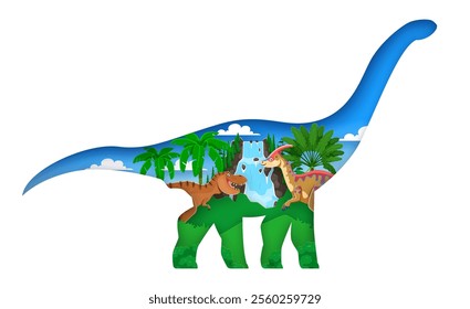 Prehistoric paper cut dinosaur with dino lizards characters in jungle forest, vector banner. Funny cartoon Jurassic era T-rex tyrannosaurus in giant dinosaur papercut silhouette with forest for kids