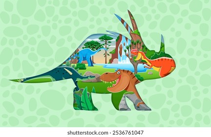 Dinosaurio de corte de papel prehistórico con paisaje de lagartos de la era jurásica en el bosque, Anuncio de Vector. Tiranosaurio divertido prehistórico de la historieta T-rex con los reptiles o los lagartos en bosque de la selva con la cascada