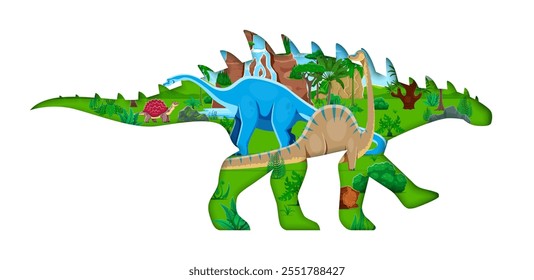 Silhueta de lagarto de papel pré-histórico cortou dinossauro com caracteres dino jurássicos, bandeira vetorial. Pré-histórico engraçado desenhos animados dinossauro brochura com lagartos gigantes da era Jurássica floresta para crianças paleontologia