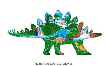 Prehistoric paper cut stegosaurus dinosaur silhouette. Extinct reptile paper cut vector banner with haplocanthosaurus, centrosaurus, corythosaurus and argentavis, pteranodon, hypacrosaurus dinosaurs