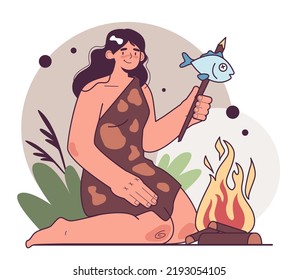 Prehistoric people cook food. Character sitting by fire, neanderthal woman cooking fish on bonfire. Human evolution theory. Humanity ancestors, anthropology stydying concept. Flat vector