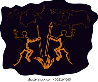 Prehistoric people are dancing by the fire. Black and orange