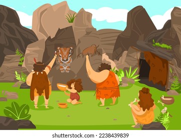 Prehistoric people drawing on rock, stone age cavemen and cute child in primitive tribe, vector illustration