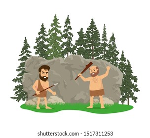 Prehistoric people fight and swear. Vector illustration, flat design style. Isolated on a white background.