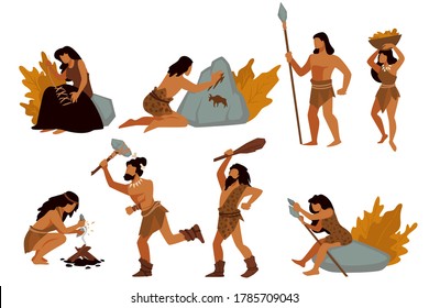 La gente prehistórica obtiene, el aislado personaje masculino y femenino de la tribu. La civilización primitiva, la recolección y la caza usando herramientas e instrumentos. Coser y hacer fuego, vector en plano