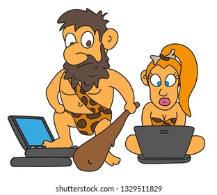 
prehistoric people with laptops