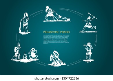 Prehistoric people - men and women carrying killed animal, throwing spear, standing with bludgeon, processing skin, making fire vector concept set. Hand drawn sketch isolated illustration