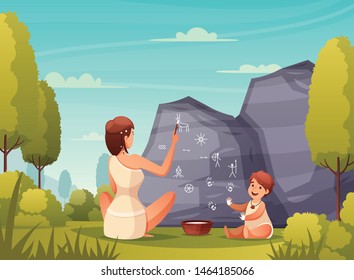 Prehistoric people rock art flat composition with caveman woman and kid painting on cave wall vector illustration 