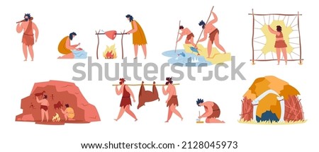 Prehistoric people with stone age tools, Cavemen hunt mammoth. Primitive characters hunting, cooking food, making fire, caveman hut vector set. Illustration of people primitive hunting Сток-фото © 