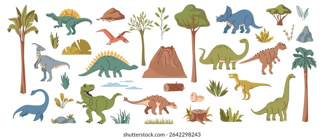 Prehistoric period animals, set of dinosaurs with trees and grasses. Vector dino triceratops and stegosaurus, Jurassic creatures and species with wings, fins and claws. Marine and land wild reptile