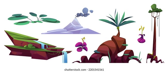 Paisaje prehistórico del planeta con volcán, plantas verdes, flores y cascada aisladas en fondo blanco. Montaña con cráter y humo, árbol y río tropicales, ilustración de los vectores