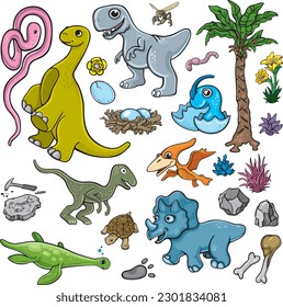 Prehistoric plants and dinosaurs on a white background. Vector illustration. Collection for kids.