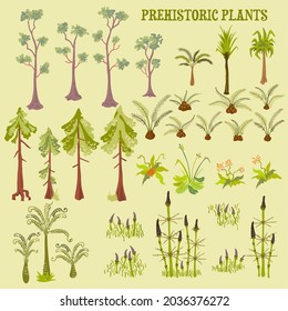 Ilustración de plantas prehistóricas en el dibujo isométrico flora y vegetación antiguas