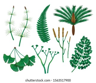 Prehistoric plants set with isolated images of wild herbs of the prehistoric times on blank background vector illustration