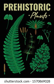 Prehistoric plants vertical background composition of ornate text and ancient green herbs images on black background vector illustration