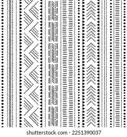 Prehistoric pottery Bell Beaker culture inspired seamless vertical pattern collection with dots and lines set in black and white. 
European Bronze Age ceramic vases and bowls style decoration 