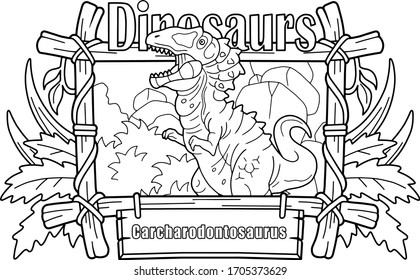 Prehistoric predatory dinosaur Carcharodontosaurus, coloring book, funny illustration
