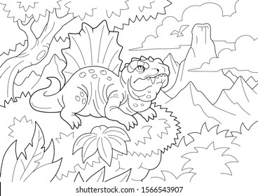 prehistoric predatory dinosaur dimetrodon, coloring book, funny illustration