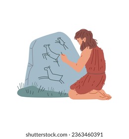 Siluetas de dibujos de animales en la roca de la caverna primitiva prehistórica. Educación y creatividad en el medio silvestre. Ilustración aislada de la edad de piedra de la mano del vector. Cultura del arte tribal antiguo