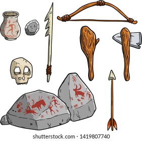 Prehistoric primitive cave man tool kit for hunting. Wooden stick baton, stone axe, skull, bow and arrow, sacrificial stone with painting. Hand drawn illustration. 