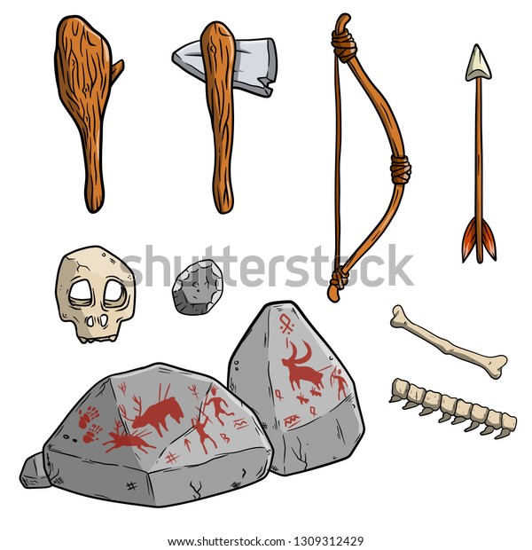 Prehistoric primitive cave man tool kit for\
hunting. Wooden stick baton, stone axe, bone and spine of the\
animal, skull, bow and arrow, sacrificial stone with painting. Hand\
drawn\
illustration.