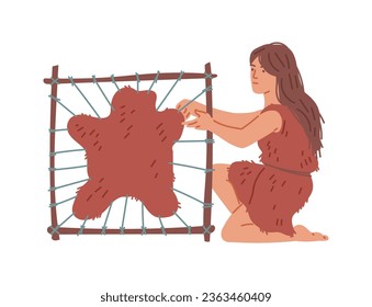 Prehistoric primitive cave woman treats animal skin. Raw materials for clothing, survival in the wild. Vector hand drawn Stone age isolated illustration. Ancient tribal traditions and culture