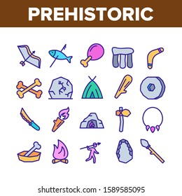 Prehistoric Primitive Collection Icons Set Vector Thin Line. Bone In Bowl And Chicken Leg, Burning Campfire And Cave, Prehistoric Bludgeon Concept Linear Pictograms. Color Contour Illustrations