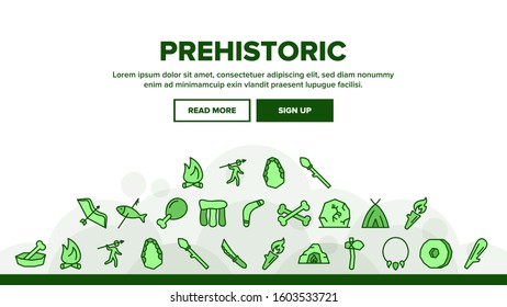 Prehistoric Primitive Landing Web Page Header Banner Template Vector. Bone In Bowl And Chicken Leg, Burning Campfire And Cave, Prehistoric Bludgeon Illustration