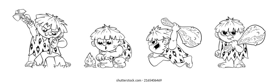 Prehistoric primitive man, a set of dynamic figures in black and white cartoon style.Stickers, decals, character for animation. Vector illustration