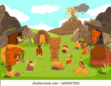 Prehistoric Primitive People Settlement, Stone Age Tribe Cartoon Characters, Volcano Eruption, Vector Illustration. Cavemen Village And Totem Cult Ritual, Natural Disaster In Prehistoric Stone Age