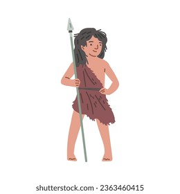 Prehistoric primitive young caveman stands with a spear. Hunter, defender, warrior posing with homemade weapon. Vector hand drawn Stone age cartoon barefoot character illustration isolated on white