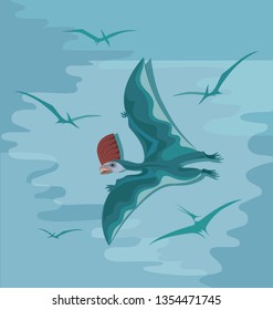 Prehistoric pterosaur with a red crest in flight. Poster, illustration for a children's book or for a historic event, an invitation to a Dino party.