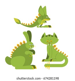 Prehistoric rabbit dinosaur. Dino cat. Raptor jerboa monster. Jurassic Animals Set
