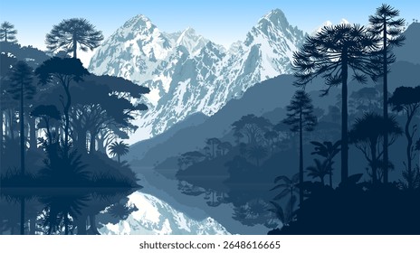 prehistoric rainforest jungle landscape with mountains