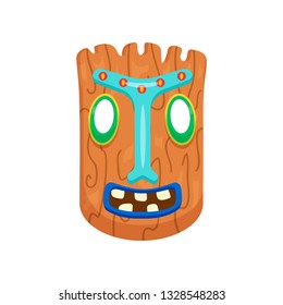 Prehistoric rectangular african mask with opened mouth and big teeth isolated on white background